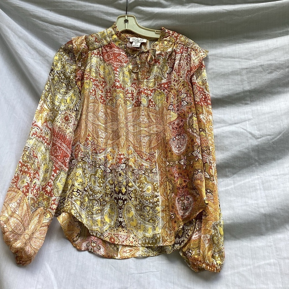 Rachel Zoe gold and yellow patterned academia blouse, size small